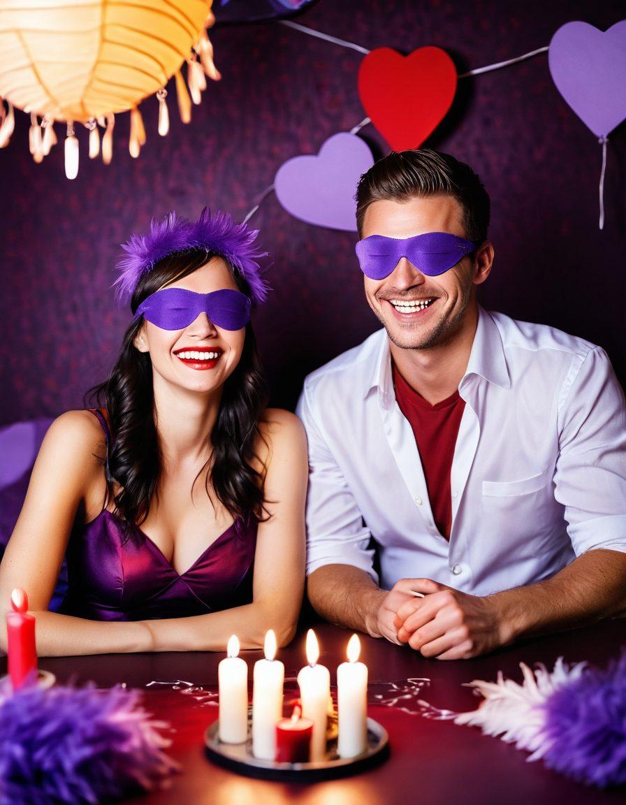 A couple playfully engaged in a flirty game night, surrounded by romantic candles and playful props like feathers and blindfolds. Their expressions convey a mix of laughter and intrigue, highlighting the seductive atmosphere. The background should softly blend into shades of deep red and purple, suggesting intimacy. Add whimsical elements like hearts and playful typography in the air. vibrant colors. soft focus.