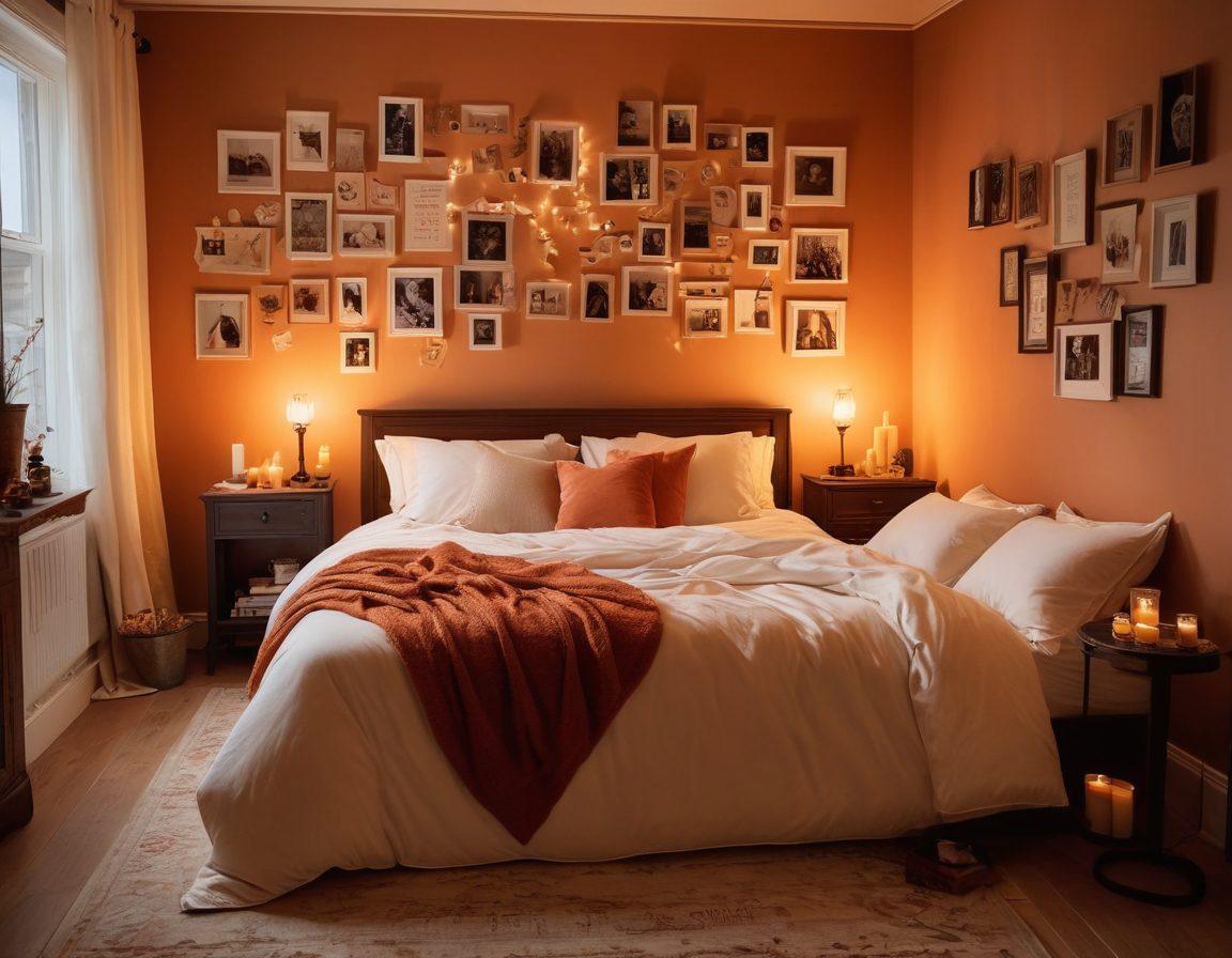 A cozy, inviting bedroom setting adorned with soft, warm lighting, featuring two intertwined silhouettes symbolizing intimacy and connection, surrounded by inspiring quotes about love and passion on the walls. A small table with candles and open books about relationships in the foreground evokes a sense of exploration and excitement. super-realistic. warm colors. intimate atmosphere.